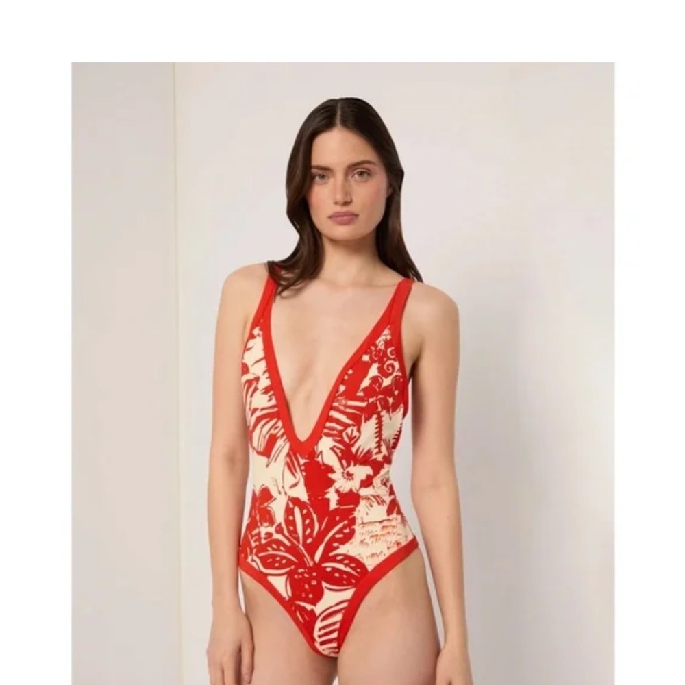 Onia Red and Cream Floral One Piece Swimsuit